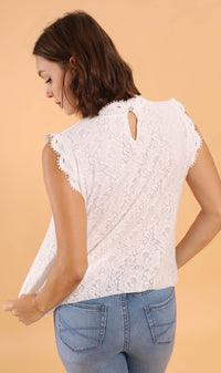 CLEO Lace-Trimmed Mock-Neck Top (White)