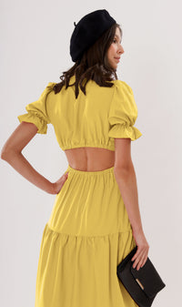 PHAYRE Cut-Out Puff-Sleeve Midi Dress (Yellow)