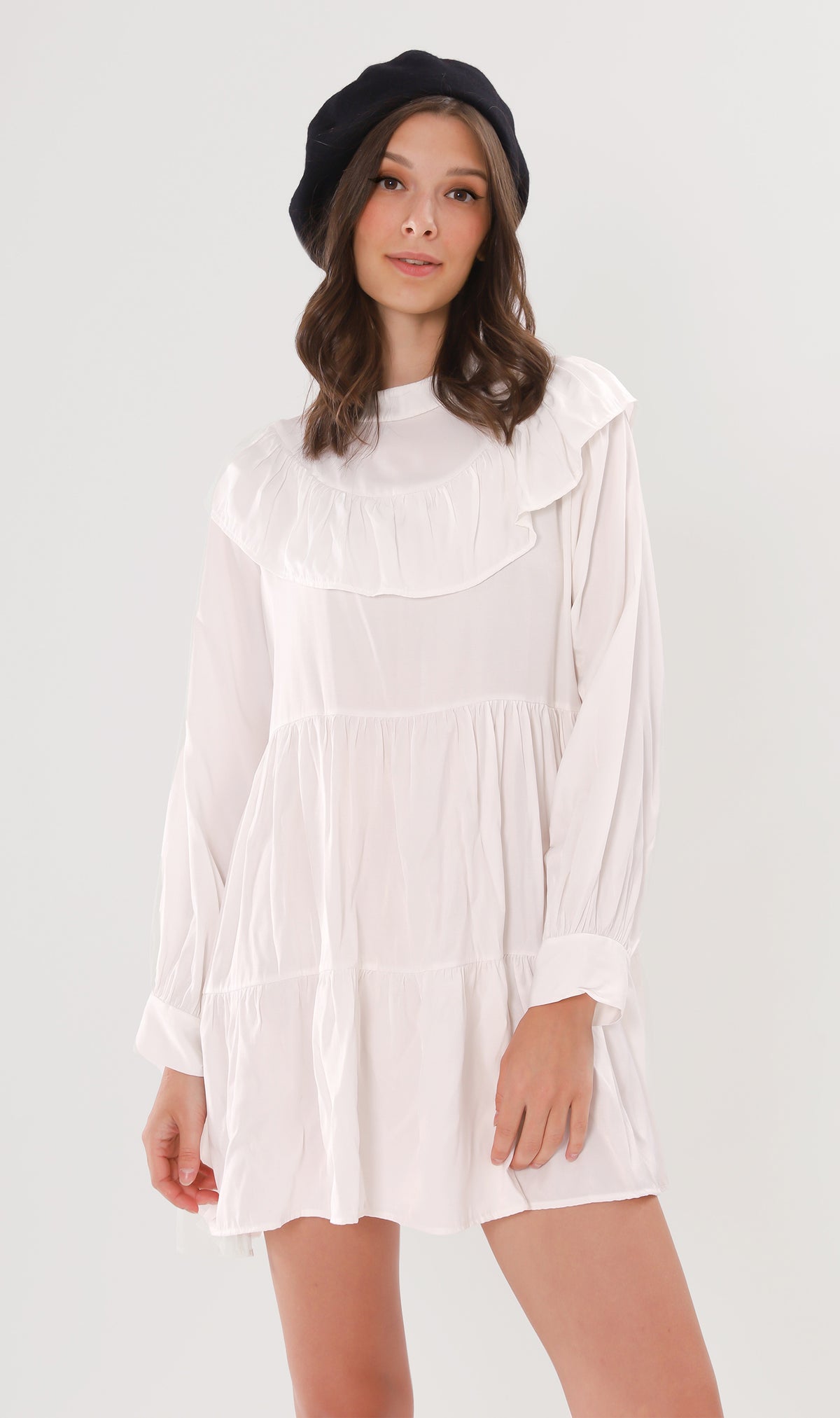 IMOGEN Bib-Collar Long-Sleeve Tiered Dress (White)